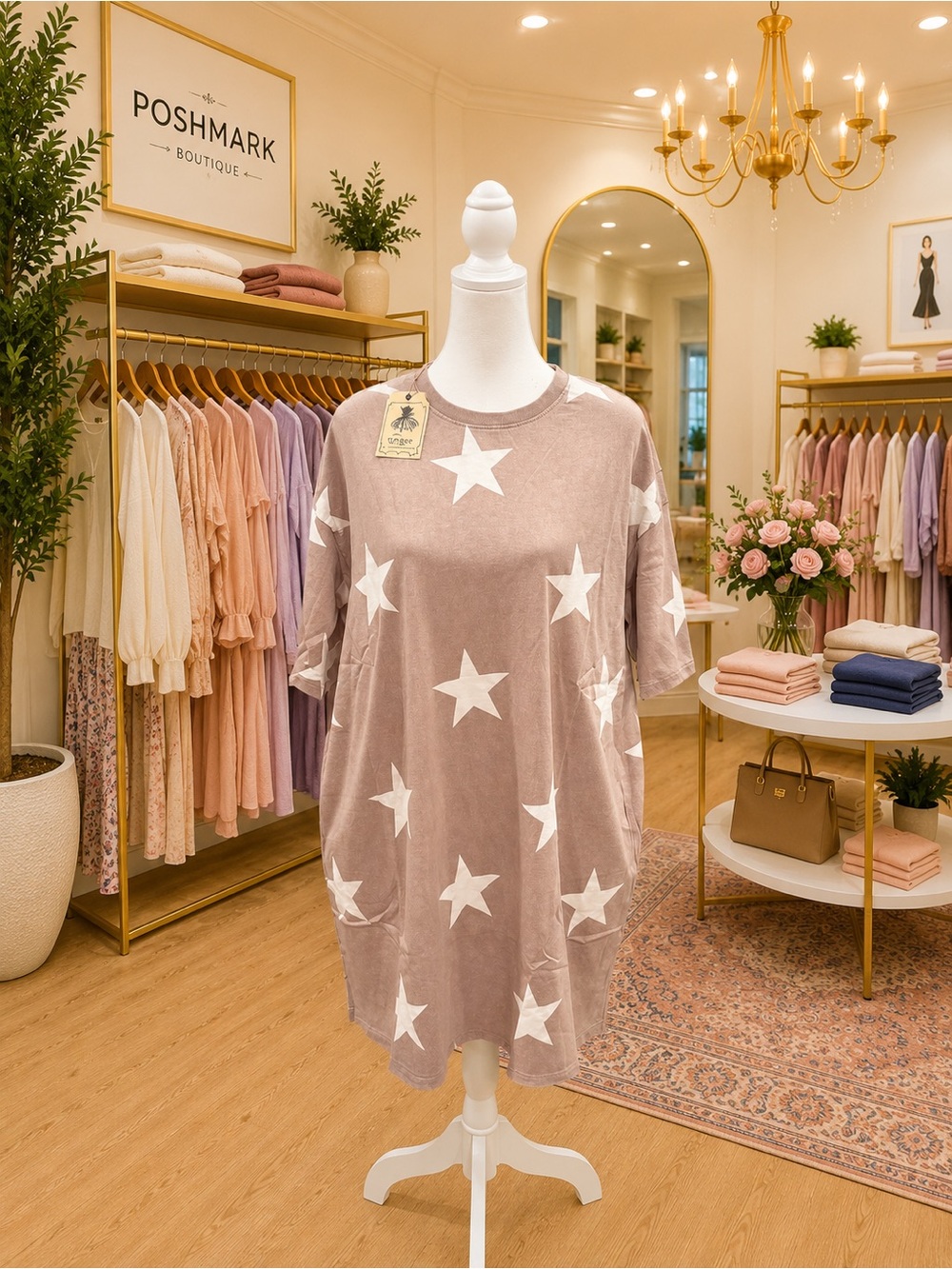 Easel Star Print Dress Pockets Oversized Cotton Mineral Wash NWT Small